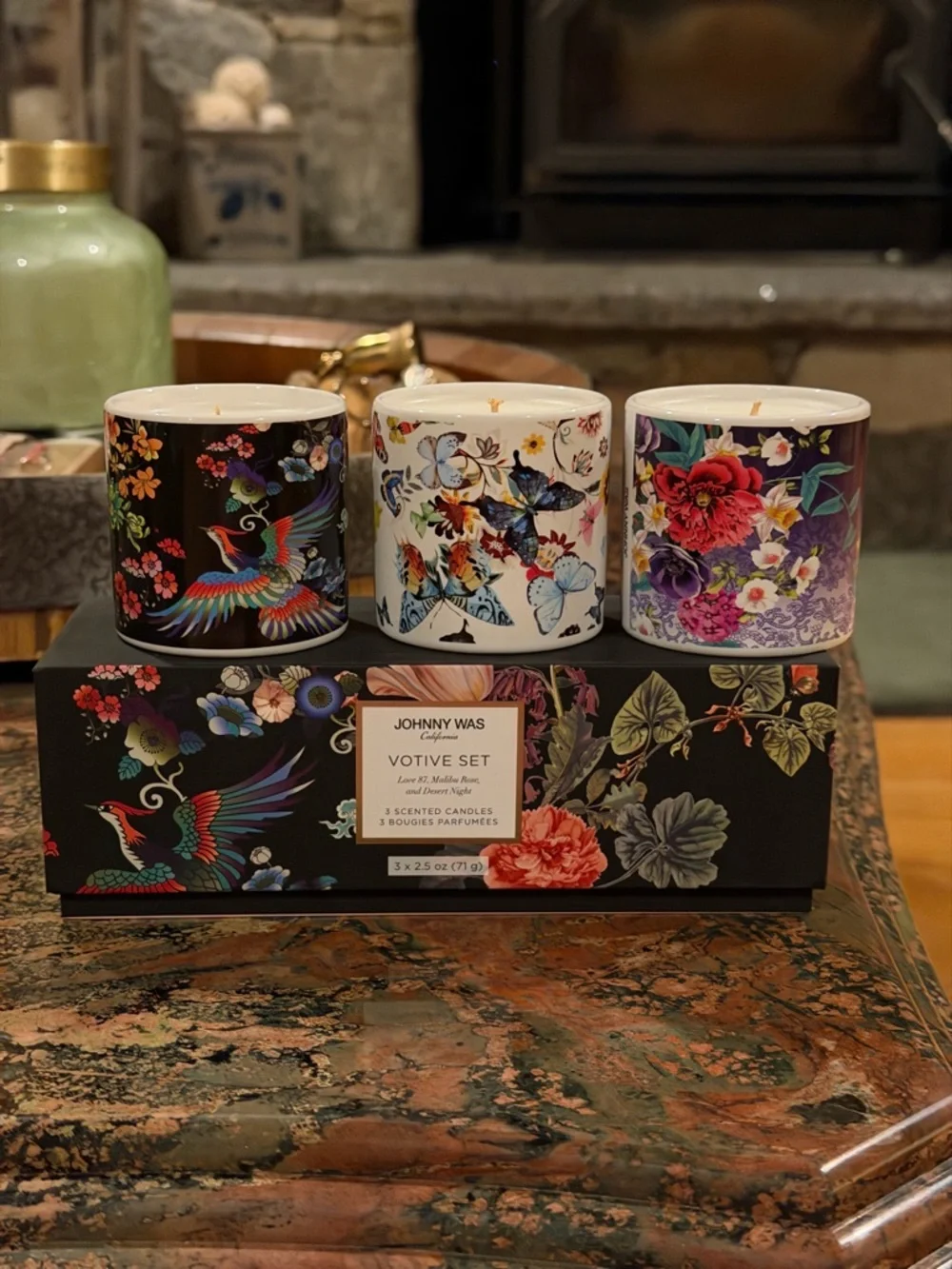 JOHNNY WAS FINE SET OF 3 VOTIVE CANDLES Love 87, Malibu Rose, and Desert Night